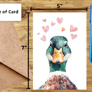 Jolie carte d'anniversaire de canard colvert ou mot d'amour - Canard vert aquarelle pour anniversaire de mariage, carte simple avec enveloppe ou lot de 5