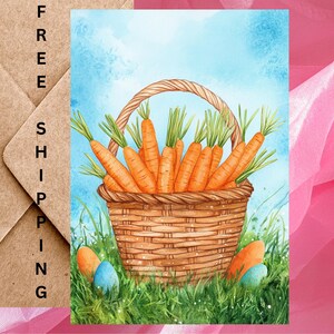 Carte de panier de Pâques avec nourriture pour lapin de Pâques - Joli panier de Pâques aquarelle avec carottes - Une seule carte avec enveloppe ou lot de 5