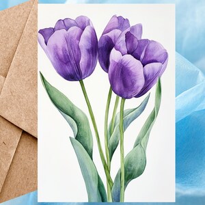 Carte fleur tulipe mauve, imprimé floral, carte floral aquarelle, carte d'illustration fleurs printanières 5 x 7 - carte à l'unité avec enveloppe ou paquet de 5