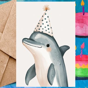 Cute Dolphin Birthday Card For Kid - Happy Birthday Card Dolphin Illustration & Birthday Hat - Single Card With Envelope or 5-Pack
