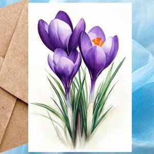 Carte fleur crocus mauve, imprimé floral, carte floral aquarelle, carte d'illustration fleurs printanières 5 x 7 - carte à l'unité avec enveloppe ou paquet de 5