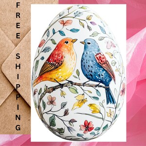 Carte de Pâques oiseau avec oeuf de Pâques Oiseaux - Carte de Pâques aquarelle d'oiseaux Carte de Pâques avec oeuf de Pâques avec enveloppe ou lot de 5