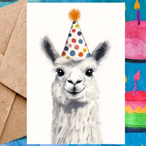 Jolie carte d'anniversaire de lama pour enfant - Carte de joyeux anniversaire Illustration de lama et chapeau d'anniversaire - Carte à l'unité avec enveloppe ou lot de 5