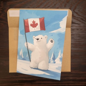 Jolie carte de fête du Canada ours polaire, carte du Canada ours polaire faite main avec drapeau du Canada feuille d'érable fabriquée au Canada, cartes de fête du Canada avec enveloppes