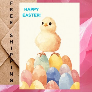 Jolie carte de Pâques avec un poussin et des œufs de Pâques colorés - Carte de Pâques aquarelle Joyeuses Pâques avec un poussin - Une carte avec enveloppe ou paquet de 5