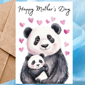 Carte de fête des mères panda mignonne, carte de voeux aquarelle, carte de fête des mères animal faite main pour maman avec enveloppe autocollante