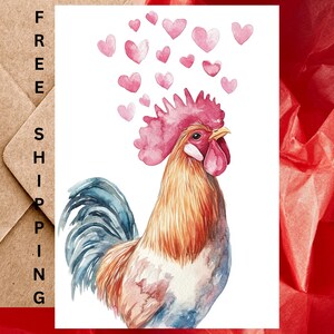Jolie carte d'anniversaire de coq ou carte d'amour - Carte d'anniversaire de mariage aquarelle poulet coq avec enveloppe ou paquet de cinq