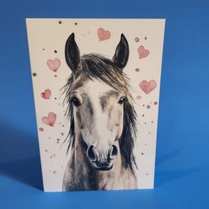Jolie carte d'anniversaire de mariage cheval gris ou carte de voeux d'amour - Carte unique d'anniversaire de mariage aquarelle cheval gris avec enveloppe ou lot de cinq