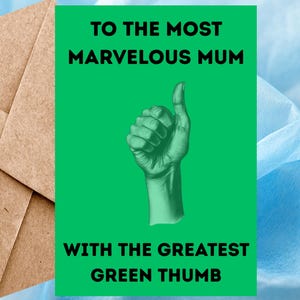 Carte de fête des mères amusante pour jardinage avec pouce vert, carte de voeux de qualité verte pour maman faite main avec comptine mignonne, enveloppe autocollante