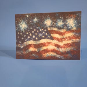 Fireworks & American Flag 4th Of July Cards, Fireworks And USA Flag Art 4th of July Card, Flag Independence Day Cards With Envelopes