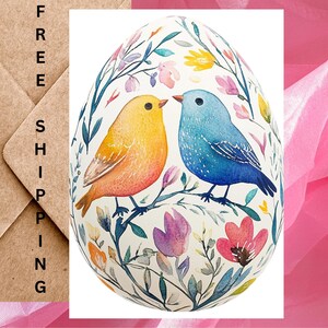 Carte de Pâques romantique avec oeuf de Pâques représentant deux oiseaux - Carte de Pâques aquarelle avec oiseaux sur oeuf de Pâques Carte à l'unité avec enveloppe ou paquet de 5