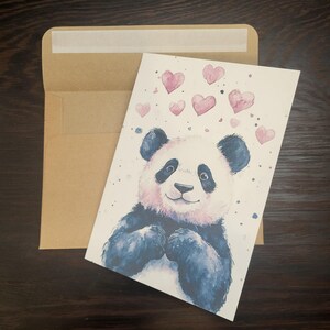 Jolie carte d'anniversaire de mariage de panda ou carte d'amour - Carte unique d'anniversaire de mariage de panda aquarelle avec enveloppe ou lot de cinq