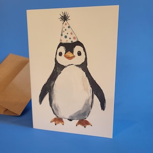 Carte d'anniversaire pingouin pour enfant ou carte de retraite pingouin - Carte d'anniversaire pingouin avec chapeau d'anniversaire - Carte à l'unité avec enveloppe ou paquet de 5