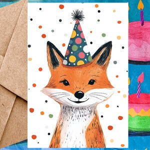 Jolie carte d'anniversaire avec renard pour enfant - Carte de joyeux anniversaire Illustration de renard et chapeau d'anniversaire - Carte à l'unité avec enveloppe ou paquet de 5