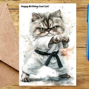 Carte d'anniversaire de chat de karaté (chat persan) - carte de voeux drôle de jeu de mots de chat frais