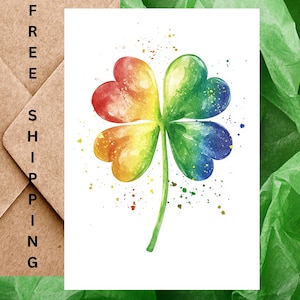 Cartes trèfle coloré pour la Saint-Patrick - Cartes trèfle arc-en-ciel ou trèfle porte-bonheur à quatre feuilles - Une seule carte avec enveloppe ou lot de 5