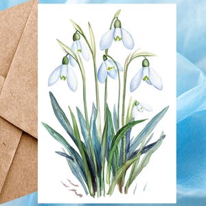 Carte blanche fleurs perce-neige, imprimé floral, carte aquarelle florale, carte d'illustration fleur de printemps 5 x 7 - Carte à l'unité avec enveloppe ou paquet de 5