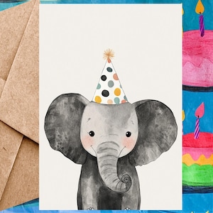 Cute Elephant Birthday Card For Kid - Happy Birthday Card Elephant Illustration & Birthday Hat - Single Card With Envelope or 5-Pack