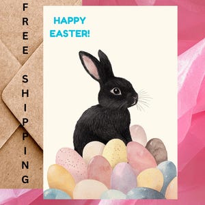 Jolie carte de Pâques lapin noir avec oeufs de Pâques - Joyeuses Pâques aquarelle lapin de Pâques - Carte simple avec enveloppe ou paquet de 5