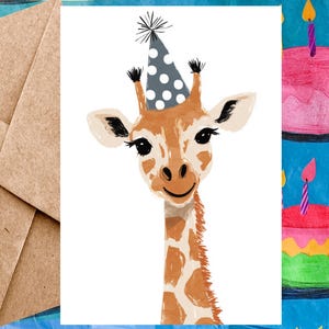 Jolie carte d'anniversaire girafe pour enfant - Carte de joyeux anniversaire Illustration de girafe et chapeau d'anniversaire - Carte à l'unité avec enveloppe ou lot de 5