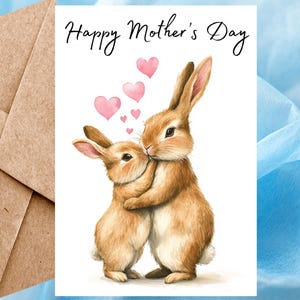 Carte heureuse de fête des mères de lapins bruns, carte de voeux aquarelle, carte de fête des mères animale faite main pour maman avec enveloppe autocollante