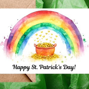 Carte de Saint-Patrick arc-en-ciel et pot d'or - Aquarelle arc-en-ciel et pot d'or Joyeuse Saint-Patrick - Une seule carte W, enveloppes ou paquet de 5