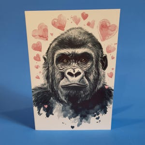 Jolie carte d'anniversaire de gorille ou carte de voeux d'amour - Carte d'anniversaire de mariage gorille aquarelle avec enveloppe ou lot de cinq