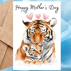 Carte de fête des mères heureuse avec des tigres mignons, carte de voeux aquarelle, carte de fête des mères animal faite main pour maman avec coeurs et enveloppe autocollante
