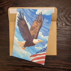 Cartes du jour de l'indépendance du pygargue à tête blanche, cartes du 4 juillet faites main avec pygargue à tête blanche et drapeau des États-Unis, cartes des États-Unis d'Amérique avec pygargue à tête blanche avec enveloppes
