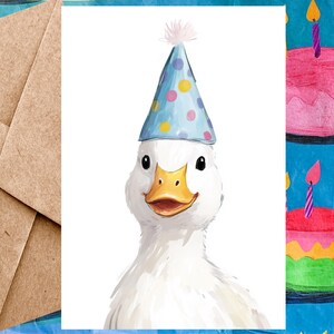 Jolie carte d'anniversaire de canard blanc pour enfant - Carte de joyeux anniversaire Illustration de canard blanc et chapeau d'anniversaire - Carte à l'unité avec enveloppe ou paquet de 5