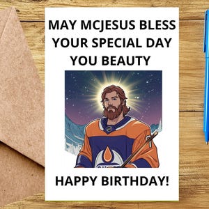 Carte d'anniversaire Connor McDavid de McJesus - Funny Oilers carte d'anniversaire du capitaine Connor McDavid, carte d'anniversaire McJesus