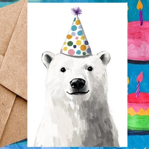 Jolie carte d'anniversaire ours polaire pour enfant - Carte de joyeux anniversaire Illustration d'ours polaire et chapeau d'anniversaire - Carte à l'unité avec enveloppe ou paquet de 5