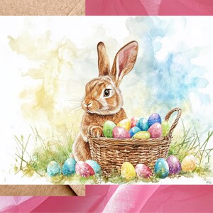 Cartes de lapin de Pâques représentant un joli lapin brun aquarelle avec des œufs de Pâques dans un panier - Une carte avec enveloppe ou lot de cinq