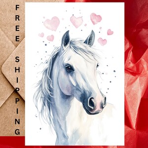 Jolie carte d'anniversaire de mariage cheval blanc ou carte pour lettres d'amour - Carte unique d'anniversaire de mariage aquarelle cheval blanc avec enveloppe ou paquet de cinq
