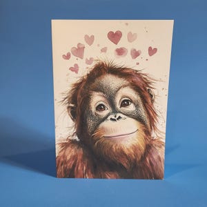 Jolie carte d'anniversaire d'orang-outan ou carte de voeux d'amour - Carte unique d'anniversaire de mariage d'orang-outan aquarelle avec enveloppe ou lot de cinq