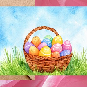 Carte Oeufs de Pâques dans un panier de Pâques - Oeufs de Pâques aquarelle mignons et panier - Une seule carte avec enveloppe ou lot de 5