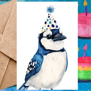 Jolie carte d'anniversaire geai bleu pour enfant - carte de joyeux anniversaire illustration geai bleu et chapeau d'anniversaire - carte à l'unité avec enveloppe ou paquet de 5