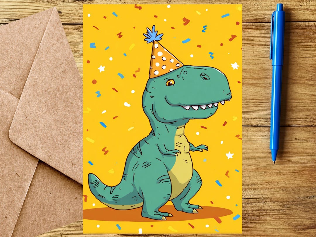 Rex Racer Birthday Cute T. Rex Dinosaur Birthday Card for Kid - Cartoon Tyrannosaurus Rex ...