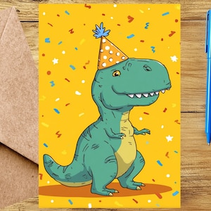Cute T. Rex Dinosaur Birthday Card For Kid - Cartoon Tyrannosaurus Rex Illustration & Birthday Hat - Single Card With Envelope Or 5 Pack