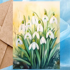 Cartes perce-neige blanches, imprimés floraux, cartes aquarelles florales, cartes fleurs printanières blanches 5 x 7 - Cartes à l'unité avec enveloppe ou paquet de 5