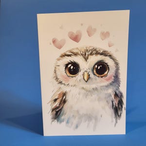 Jolie carte d'anniversaire de chouette ou carte de voeux d'amour - Carte d'anniversaire de mariage aquarelle chouette avec enveloppe ou lot de cinq