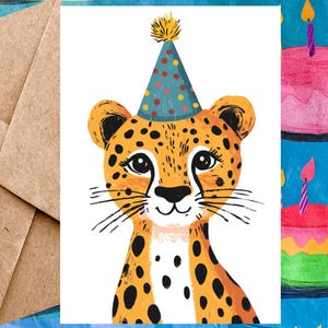 Jolie carte d'anniversaire guépard ou carte de retraite guépard - Carte de joyeux anniversaire guépard avec chapeau d'anniversaire - Carte à l'unité avec enveloppe ou paquet de 5