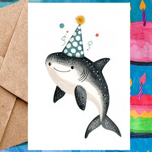Jolie carte d'anniversaire avec un requin-baleine pour enfant - Carte de joyeux anniversaire Illustration de requin-baleine et chapeau d'anniversaire - Carte à l'unité avec enveloppe ou paquet de 5