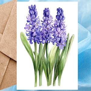 Carte fleur jacinthe violette, imprimé floral, carte floral aquarelle, carte illustration fleurs printanières 5 x 7 - Carte à l'unité avec enveloppe ou paquet de 5