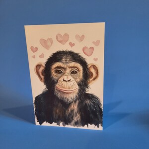 Jolie carte d'anniversaire de chimpanzé ou carte de voeux d'amour - Carte d'anniversaire de mariage chimpanzé aquarelle avec enveloppe ou lot de cinq