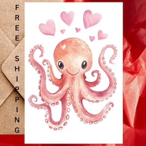 Jolie carte d'anniversaire de pieuvre ou carte de voeux d'amour - Carte unique d'anniversaire de mariage de pieuvre aquarelle avec enveloppe ou lot de cinq