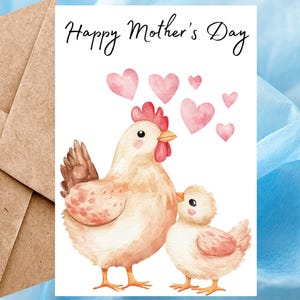 Carte de fête des mères heureuse avec poulet mignon, carte de voeux aquarelle poule, carte de fête des mères animal faite main pour maman avec enveloppe autocollante