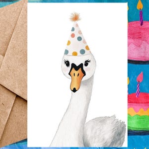 Jolie carte d'anniversaire avec un cygne pour enfant - Carte de joyeux anniversaire Illustration de cygne et chapeau d'anniversaire - Une carte ou lot de 5