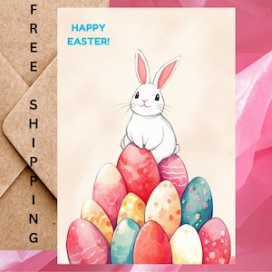 Jolie carte de Pâques avec un lapin blanc avec des œufs de Pâques colorés - Carte de Pâques aquarelle joyeuses Pâques - Une carte avec enveloppe ou paquet de 5