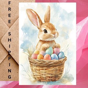 Carte de lapin de Pâques représentant un joli lapin brun aquarelle avec des œufs de Pâques dans un panier - Une carte avec enveloppe ou lot de 5